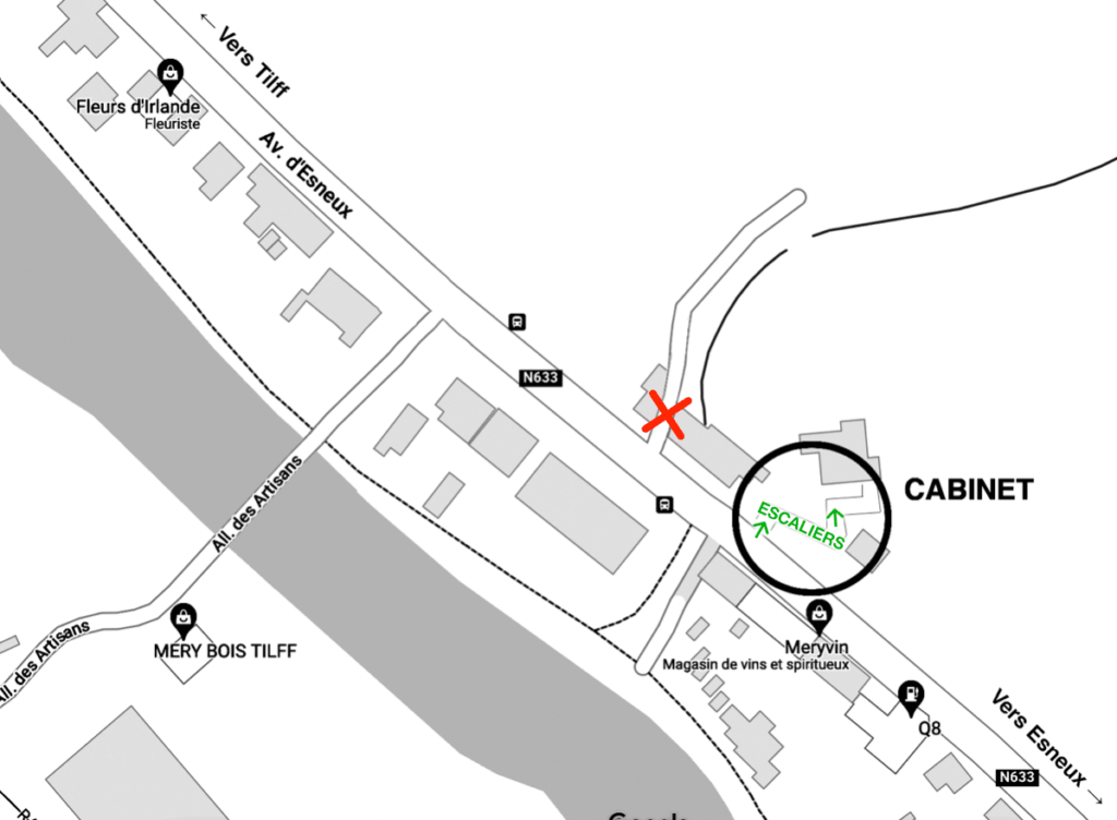 Plan d'accès au cabinet : Avenue d'Esneux, entre Méry Bois Tilff et Méryvin, à proximité de la station Q8